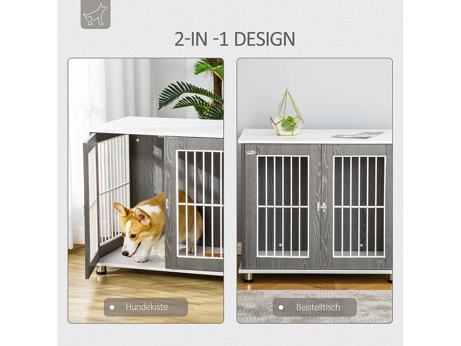 Cage de transport pour chien en bois avec plateau table et coussin, contreplaqué, gris et blanc (85x55x75cm)