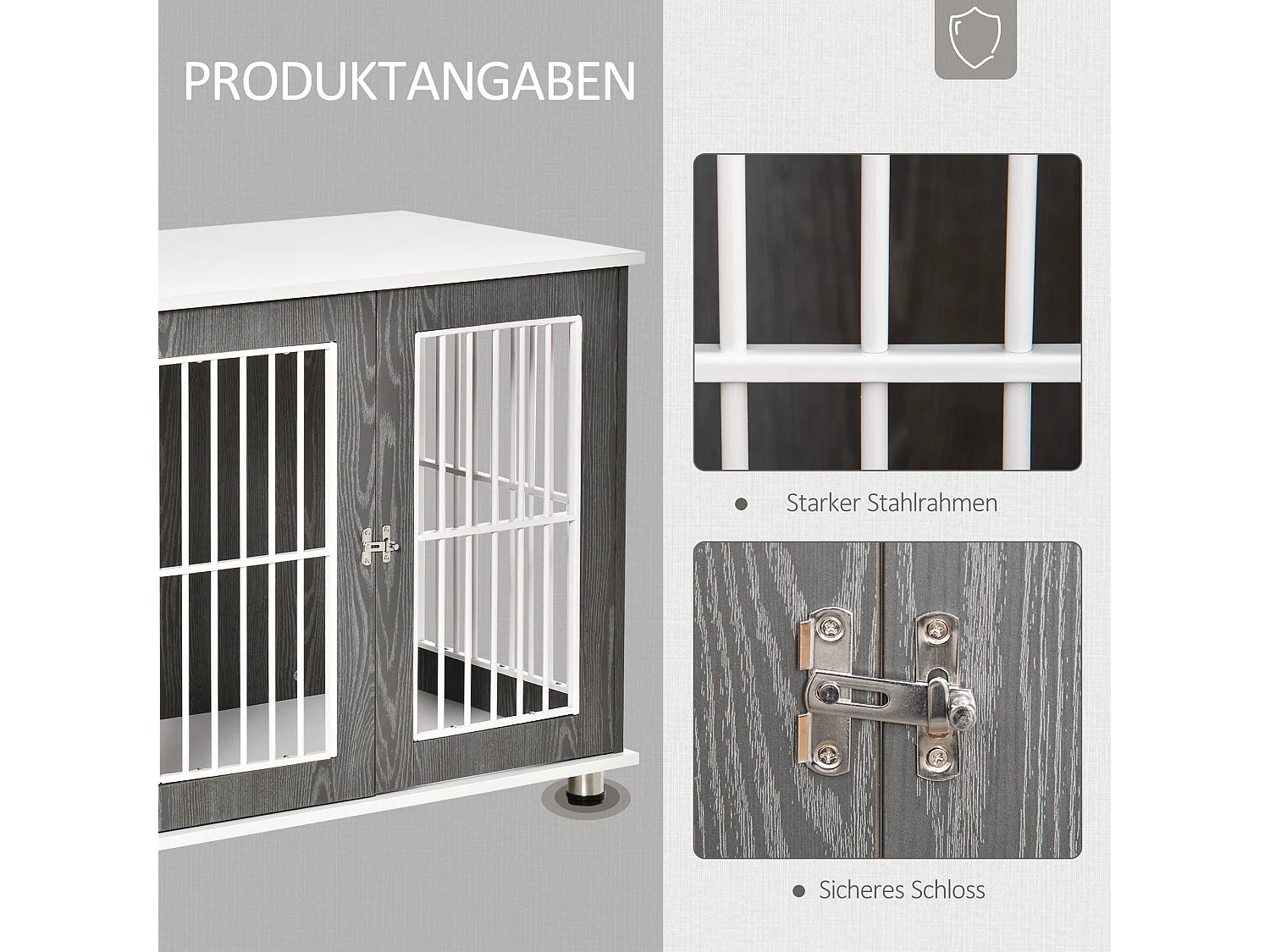 Cage de transport pour chien en bois avec plateau table et coussin, contreplaqué, gris et blanc (85x55x75cm)