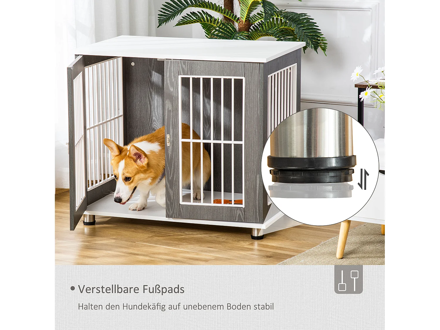 Cage de transport pour chien en bois avec plateau table et coussin, contreplaqué, gris et blanc (85x55x75cm)