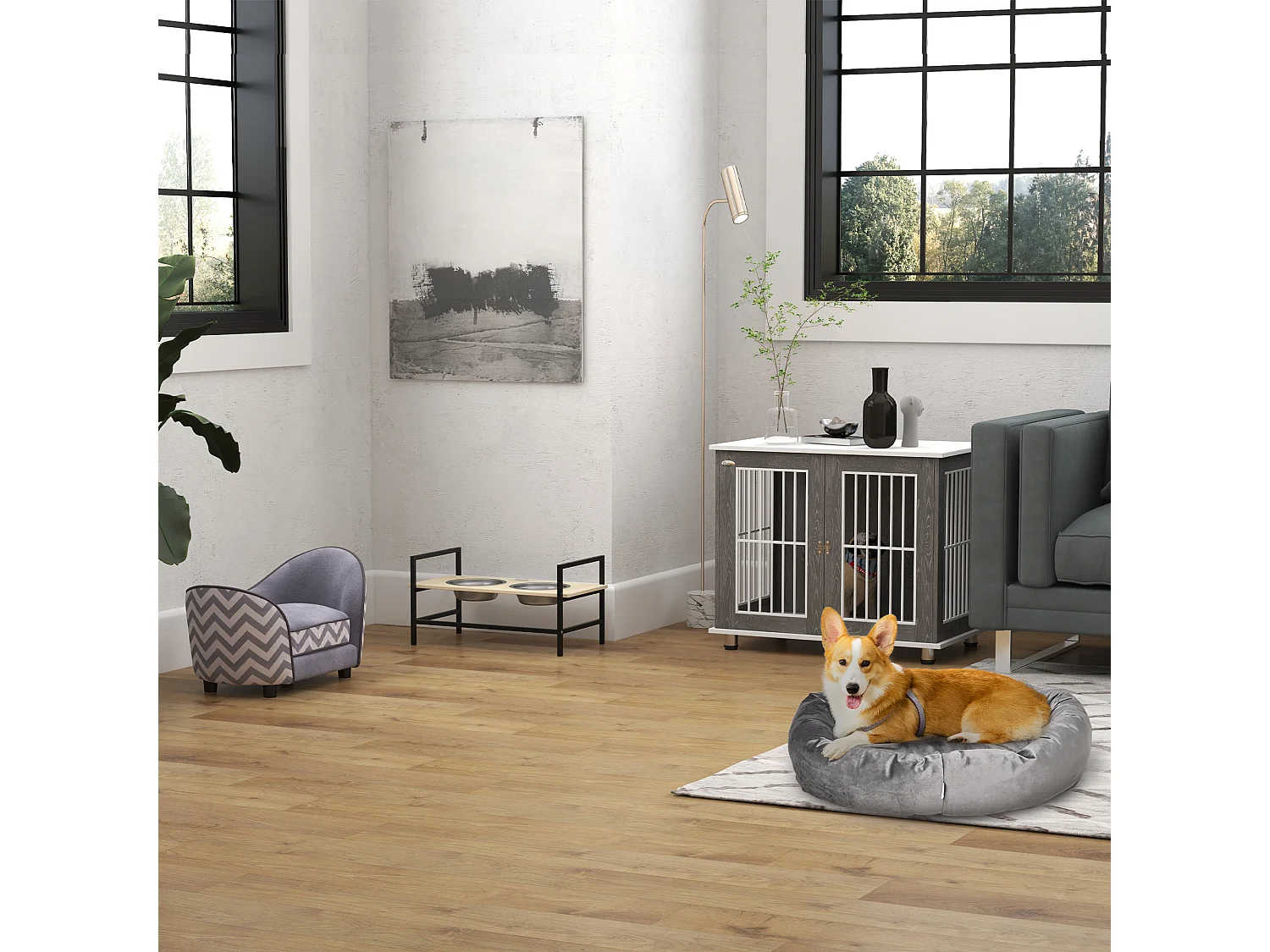 Cage de transport pour chien en bois avec plateau table et coussin, contreplaqué, gris et blanc (85x55x75cm)
