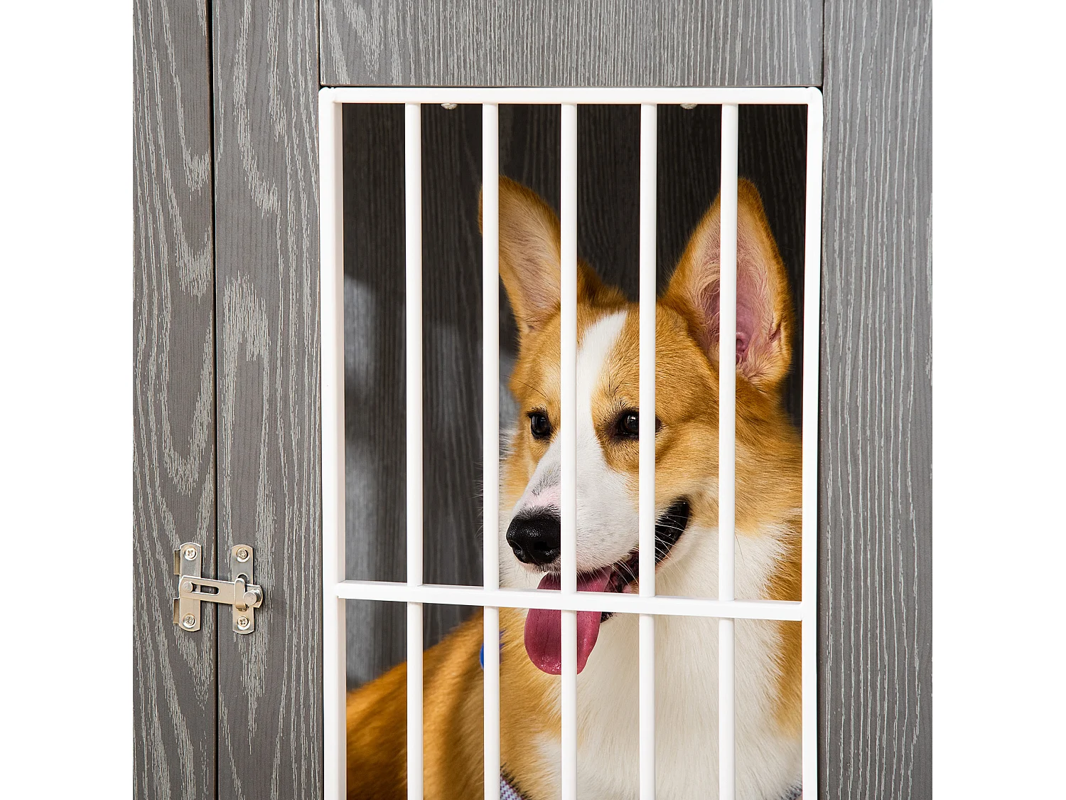 Cage de transport pour chien en bois avec plateau table et coussin, contreplaqué, gris et blanc (85x55x75cm)