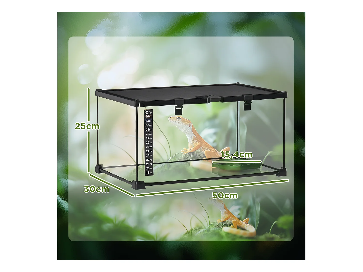 Terrarium pour reptiles avec thermomètre, aération optimale, acier et verre, noir (50x30x25 cm)