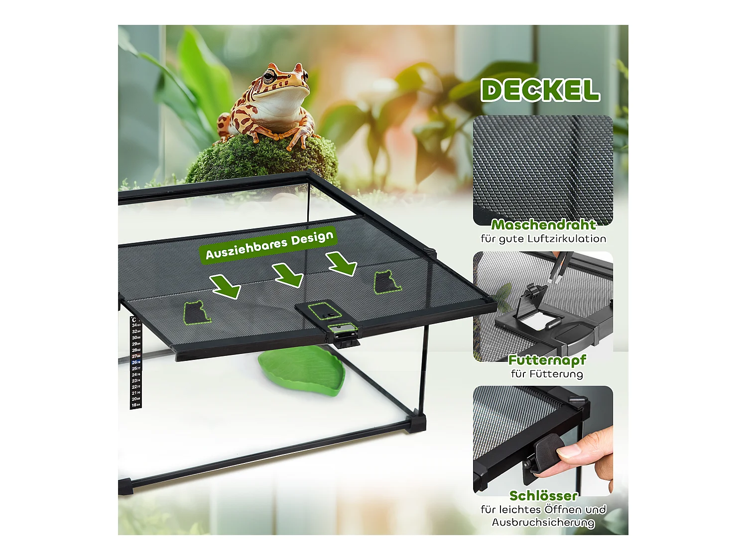 Terrarium pour reptiles avec thermomètre, aération optimale, acier et verre, noir (50x30x25 cm)