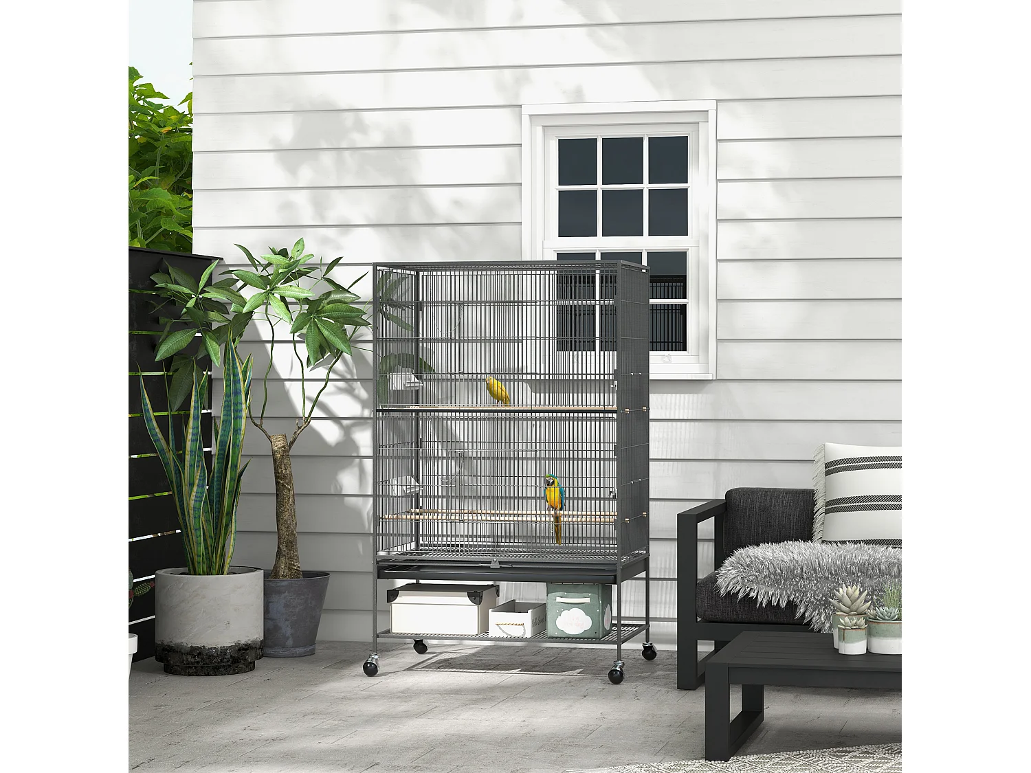 Voliera per uccelli con trespoli e vassoio, plastica, grigia (94x57x153cm)
