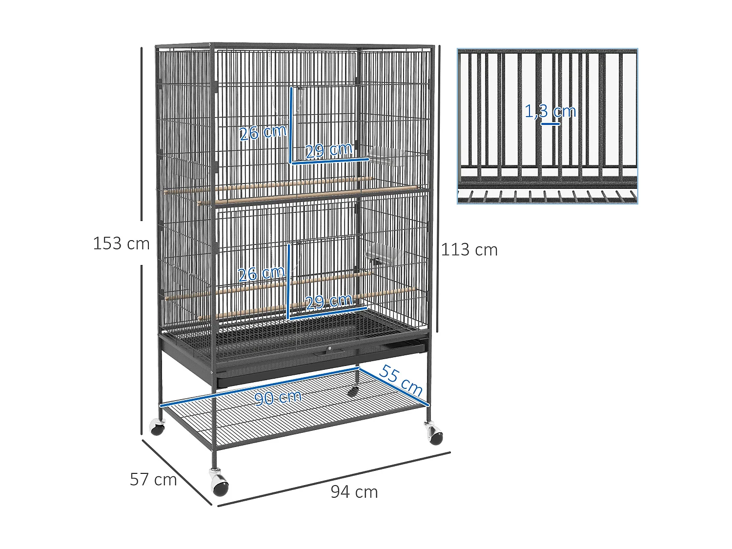 Voliera per uccelli con trespoli e vassoio, plastica, grigia (94x57x153cm)