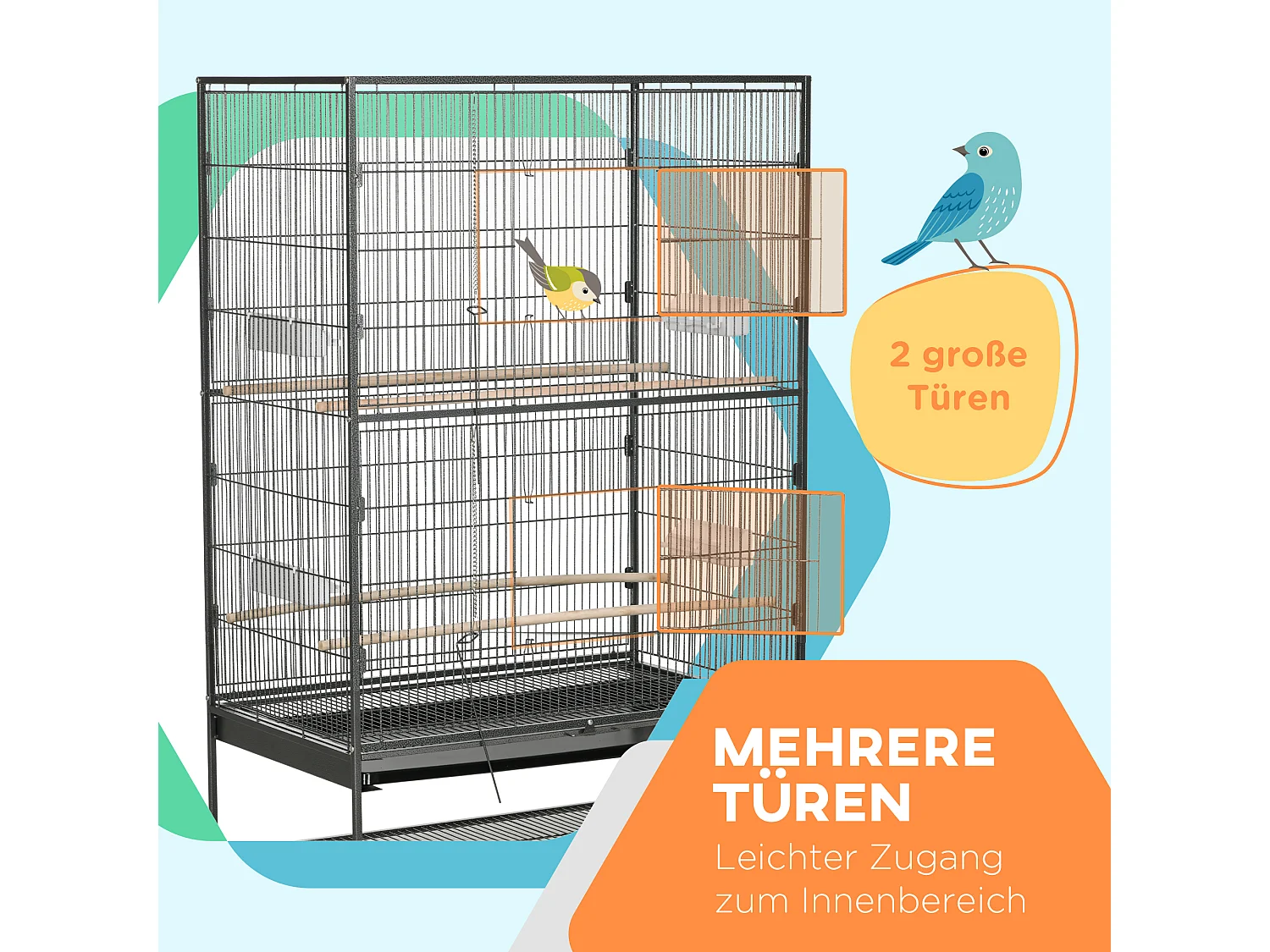 Voliera per uccelli con trespoli e vassoio, plastica, grigia (94x57x153cm)