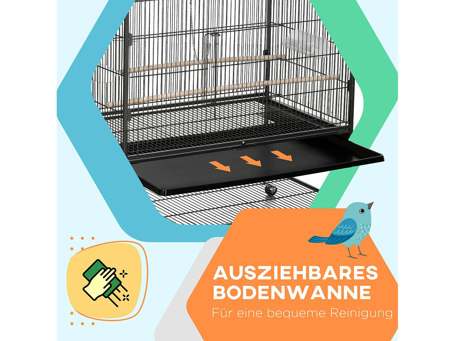 Voliera per uccelli con trespoli e vassoio, plastica, grigia (94x57x153cm)