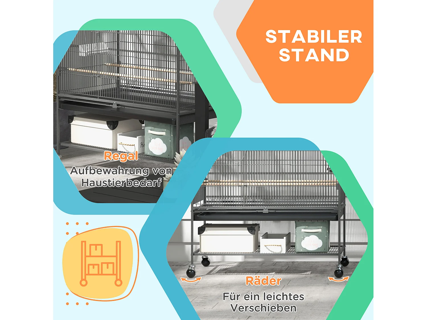 Voliera per uccelli con trespoli e vassoio, plastica, grigia (94x57x153cm)