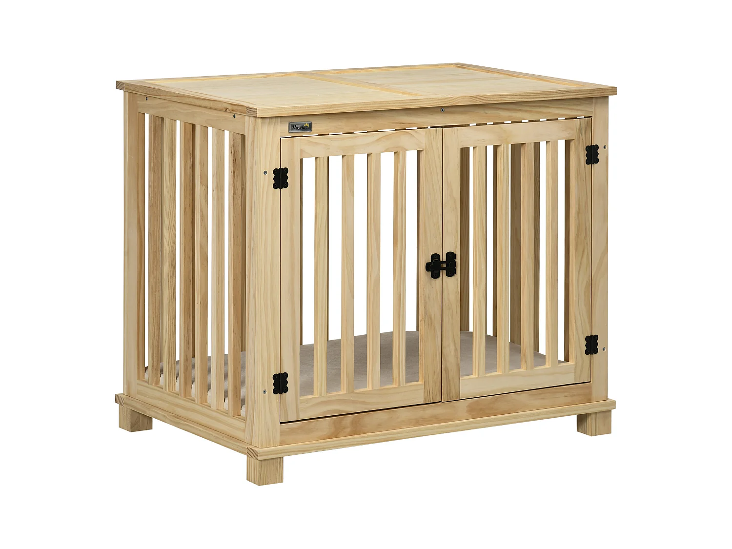 Cage pour chien en bois naturel avec coussin, design sécurisé à deux portes, pour chiens de taille moyenne (82.5x57x72cm)