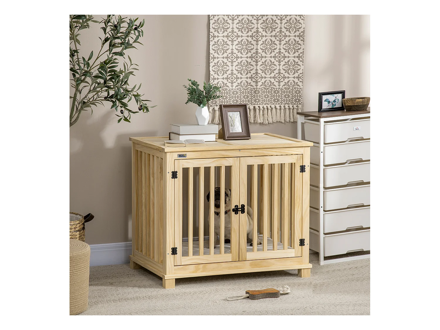 Cage pour chien en bois naturel avec coussin, design sécurisé à deux portes, pour chiens de taille moyenne (82.5x57x72cm)