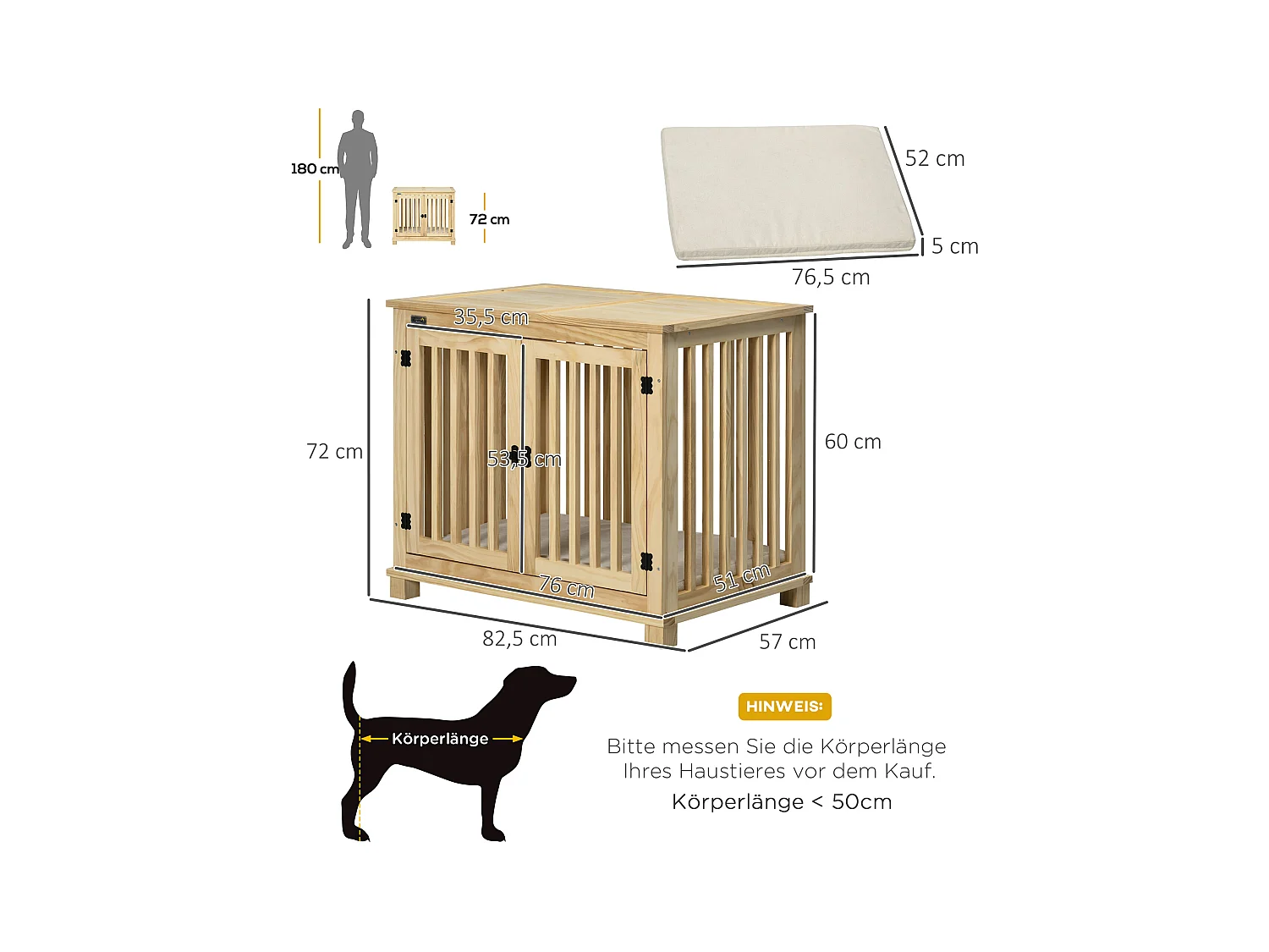 Cage pour chien en bois naturel avec coussin, design sécurisé à deux portes, pour chiens de taille moyenne (82.5x57x72cm)