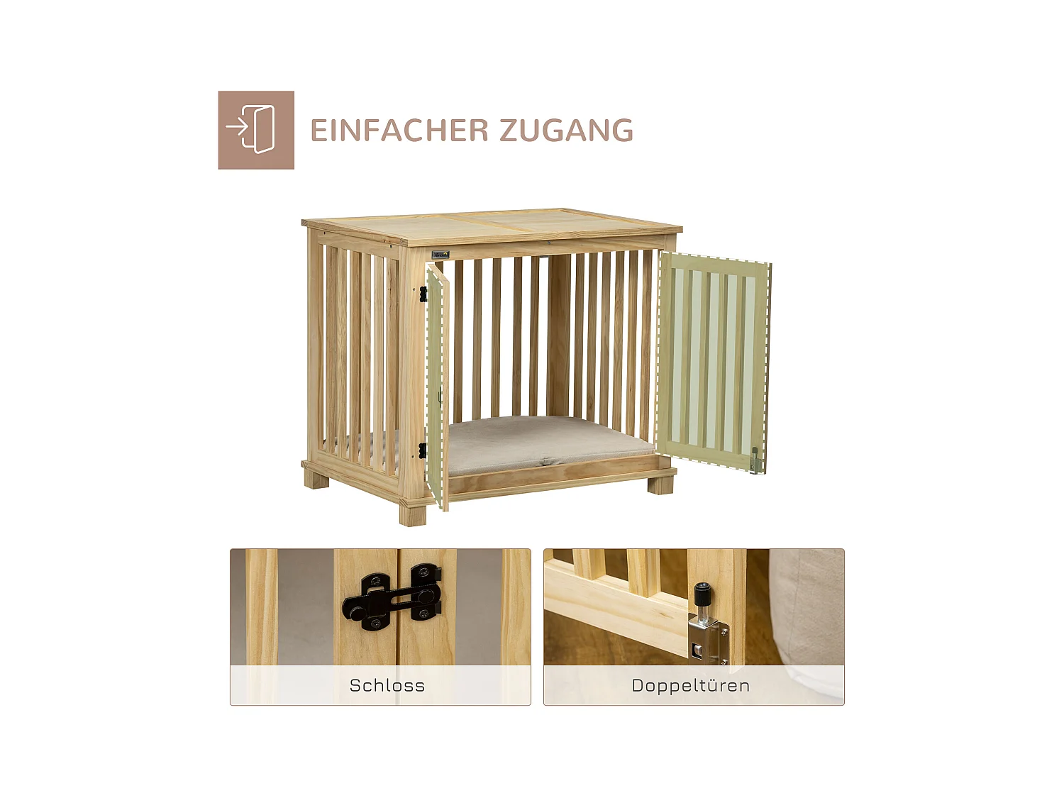 Cage pour chien en bois naturel avec coussin, design sécurisé à deux portes, pour chiens de taille moyenne (82.5x57x72cm)