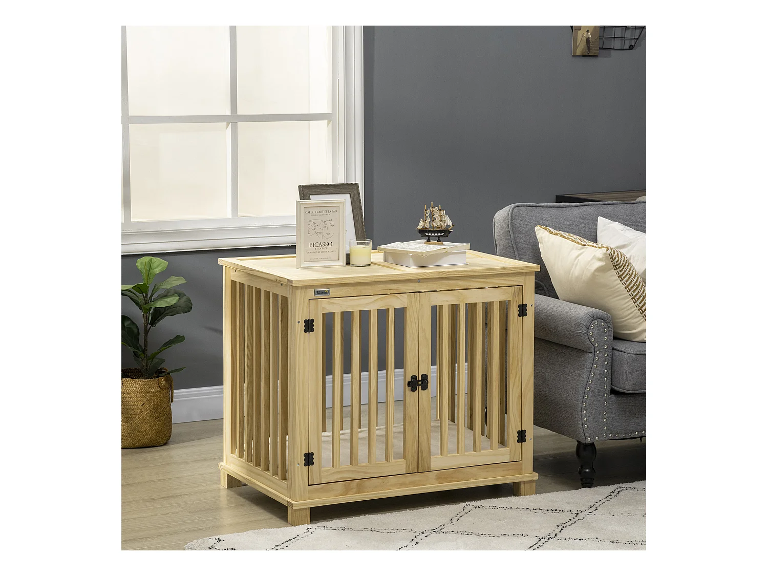 Cage pour chien en bois naturel avec coussin, design sécurisé à deux portes, pour chiens de taille moyenne (82.5x57x72cm)