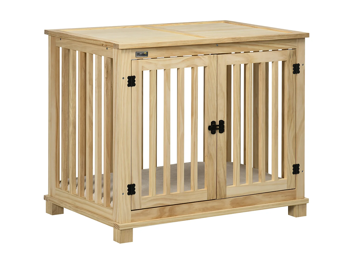 Cage pour chien en bois naturel avec coussin, design sécurisé à deux portes, pour chiens de taille moyenne (82.5x57x72cm)