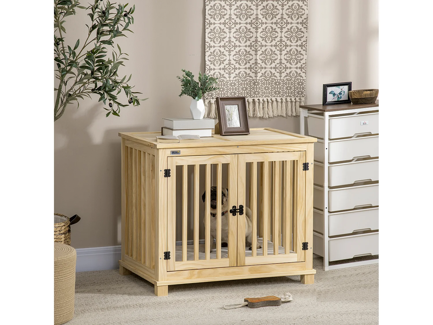 Cage pour chien en bois naturel avec coussin, design sécurisé à deux portes, pour chiens de taille moyenne (82.5x57x72cm)