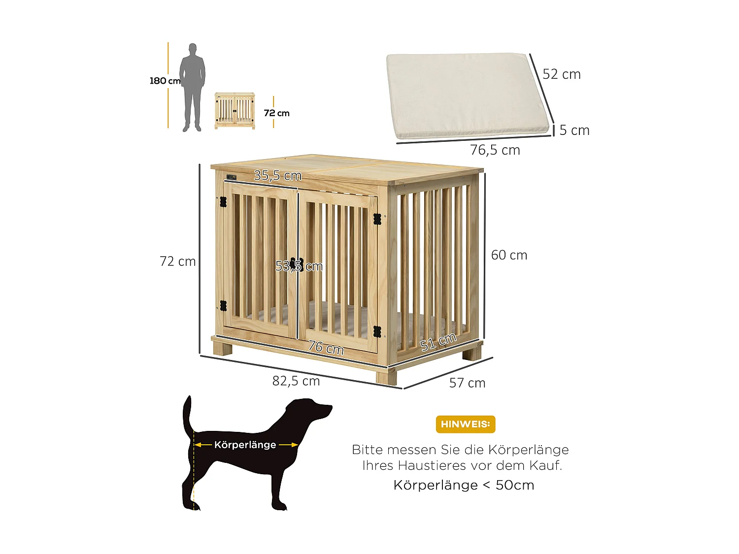 Cage pour chien en bois naturel avec coussin, design sécurisé à deux portes, pour chiens de taille moyenne (82.5x57x72cm)