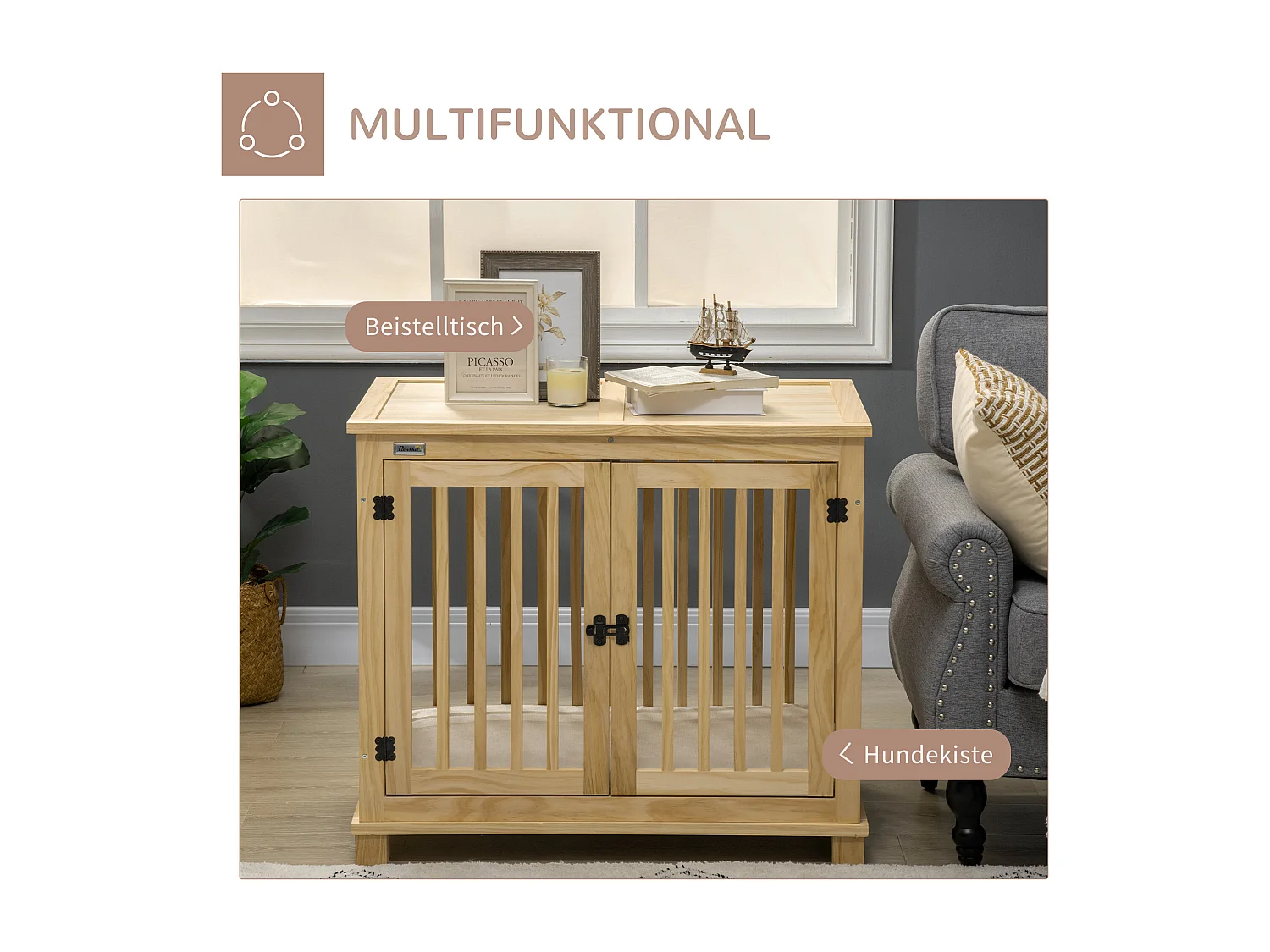 Cage pour chien en bois naturel avec coussin, design sécurisé à deux portes, pour chiens de taille moyenne (82.5x57x72cm)