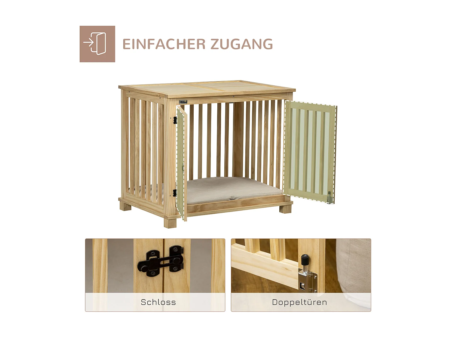 Cage pour chien en bois naturel avec coussin, design sécurisé à deux portes, pour chiens de taille moyenne (82.5x57x72cm)