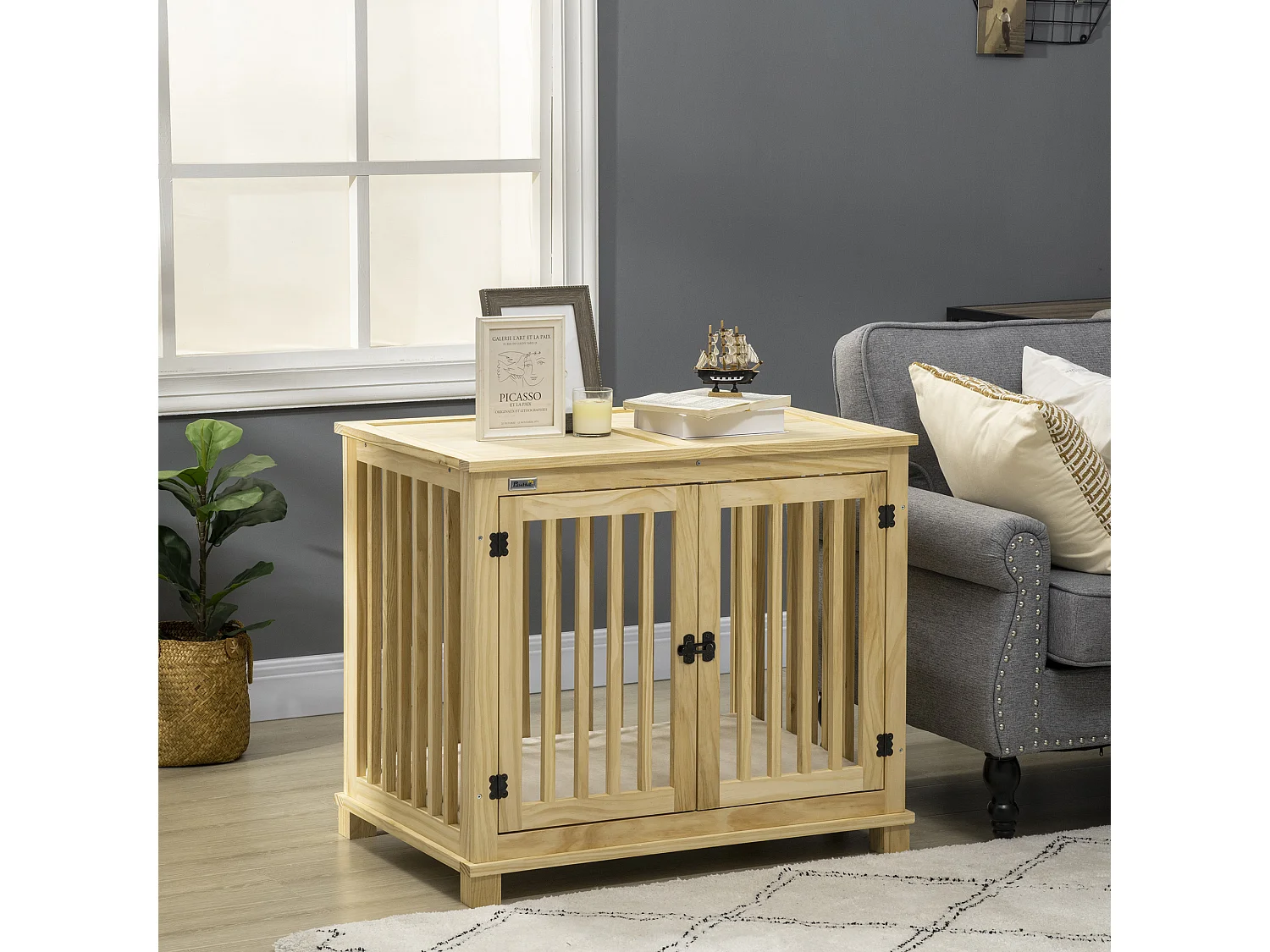 Cage pour chien en bois naturel avec coussin, design sécurisé à deux portes, pour chiens de taille moyenne (82.5x57x72cm)