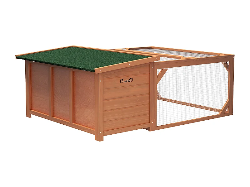 Dwergkonijnenhuis met open dak van asfalt, weerbestendig, gemaakt van dennenhout, oranje en groen (125,5x100x49cm)