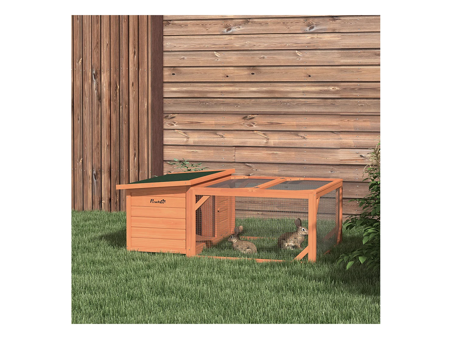 Cabane pour lapins nains avec toit ouvrant en asphalte, résistant aux intempéries, en bois de sapin, orange et vert (125.5x100x49cm)