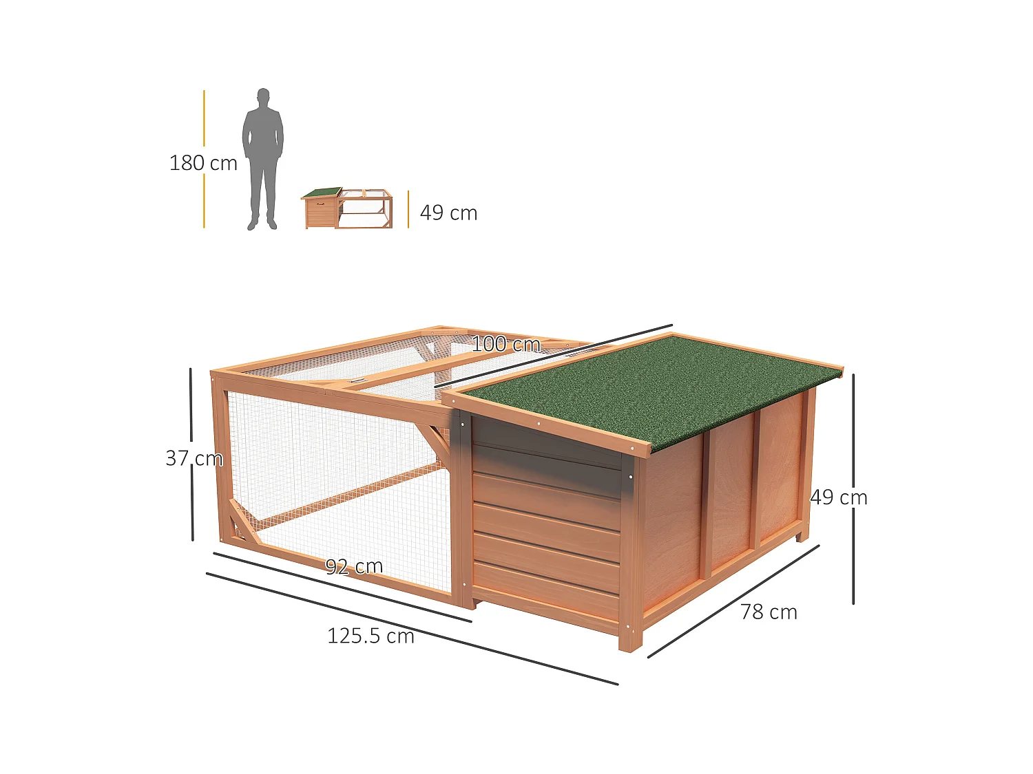 Cabane pour lapins nains avec toit ouvrant en asphalte, résistant aux intempéries, en bois de sapin, orange et vert (125.5x100x49cm)