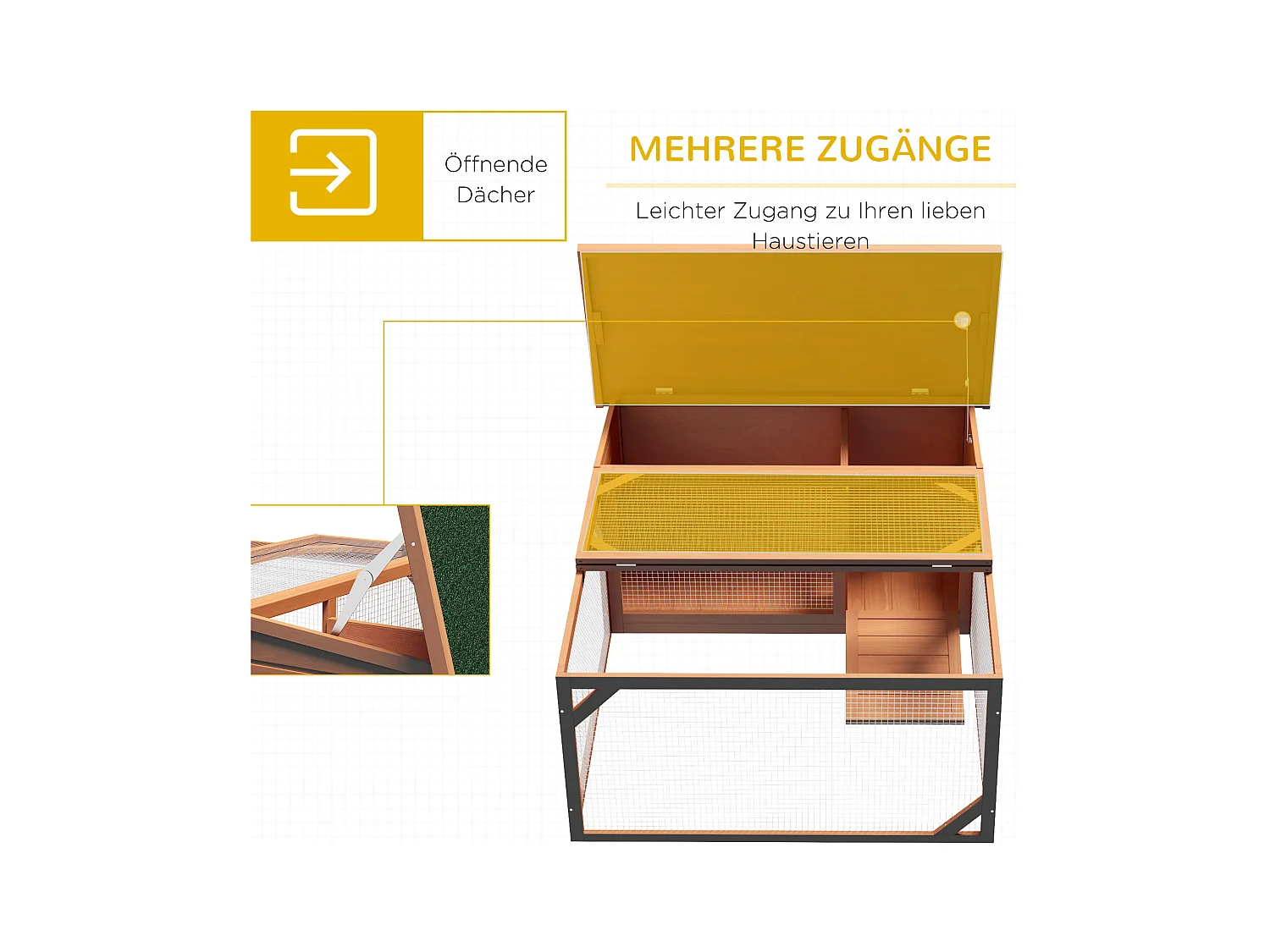 Cabane pour lapins nains avec toit ouvrant en asphalte, résistant aux intempéries, en bois de sapin, orange et vert (125.5x100x49cm)