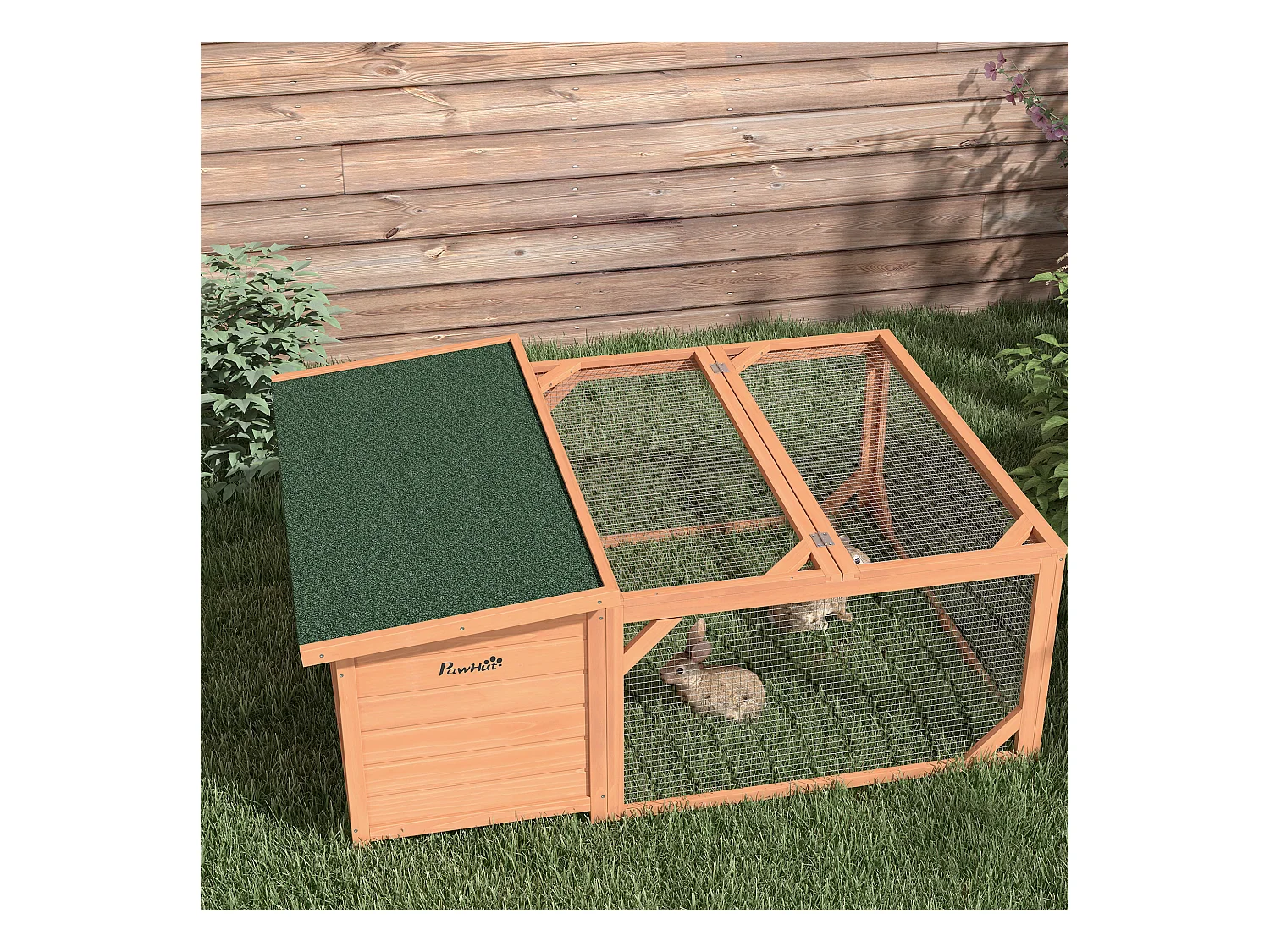 Cabane pour lapins nains avec toit ouvrant en asphalte, résistant aux intempéries, en bois de sapin, orange et vert (125.5x100x49cm)