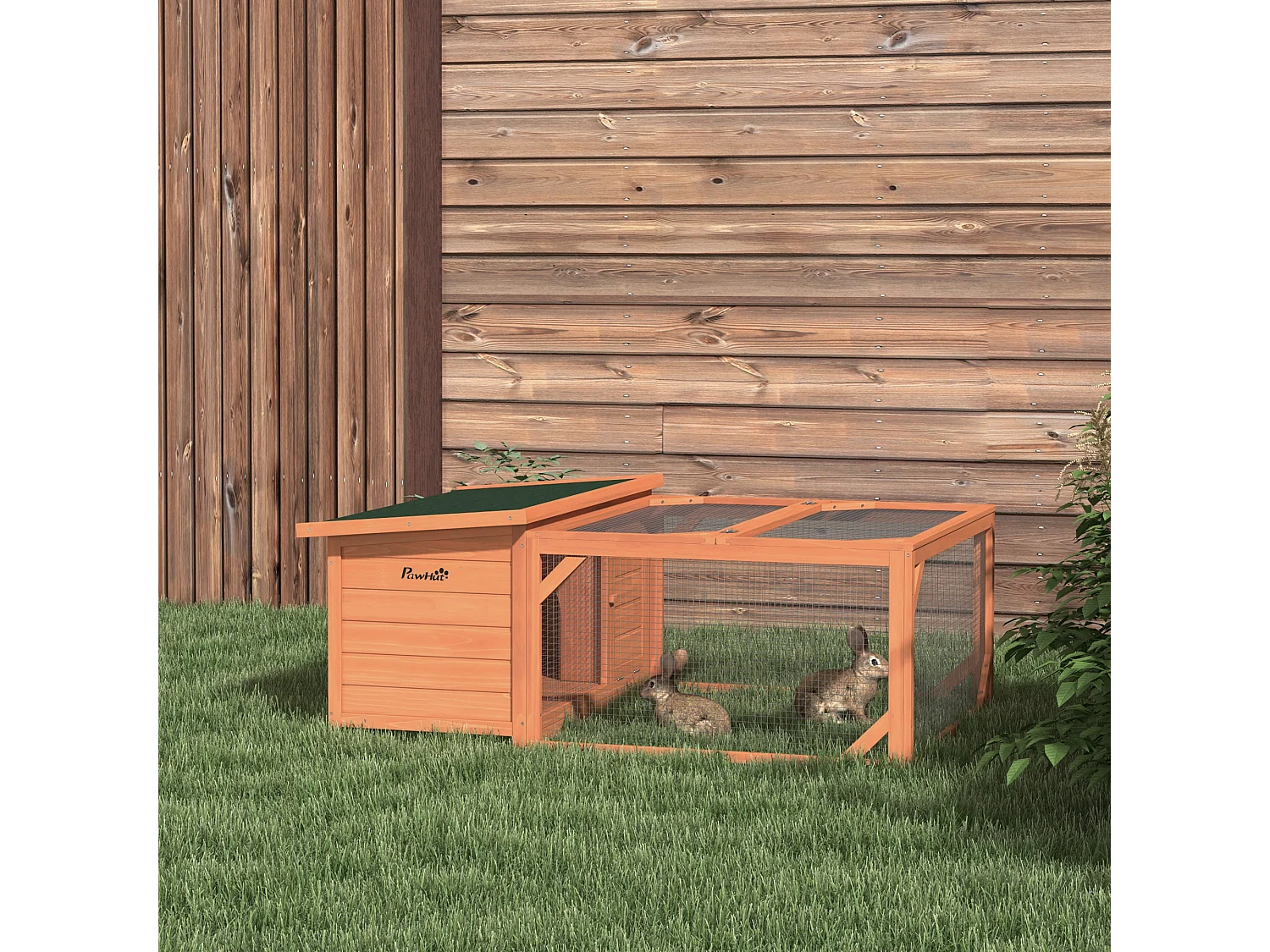 Casita para conejos enanos con techo practicable de asfalto, resistente a la intemperie, de madera de abeto, en color naranja y verde (125,5 x 100 x 49 cm)