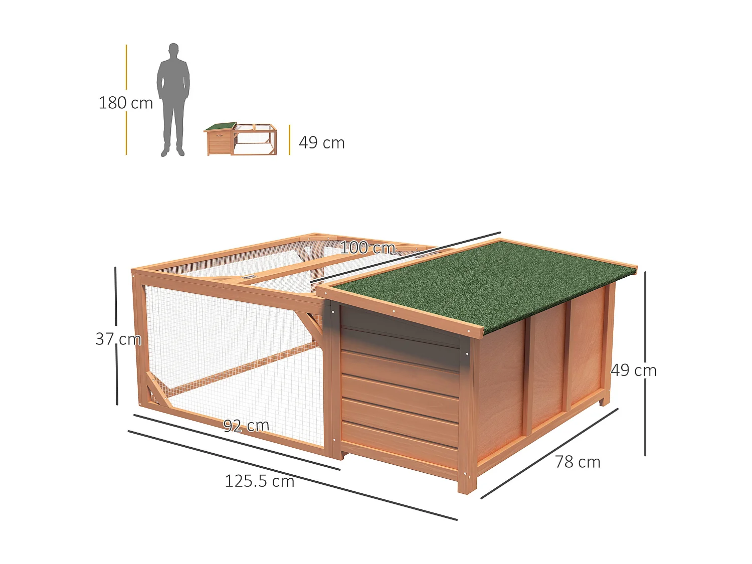 Casita para conejos enanos con techo practicable de asfalto, resistente a la intemperie, de madera de abeto, en color naranja y verde (125,5 x 100 x 49 cm)
