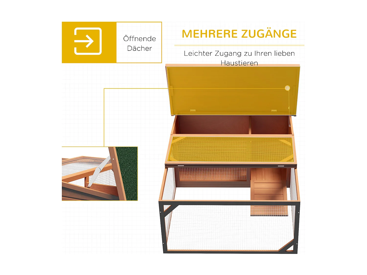 Casita para conejos enanos con techo practicable de asfalto, resistente a la intemperie, de madera de abeto, en color naranja y verde (125,5 x 100 x 49 cm)