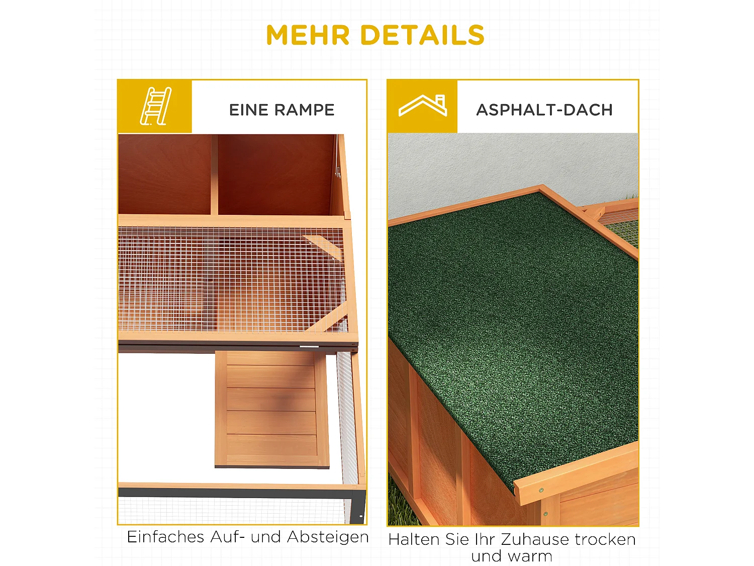 Casita para conejos enanos con techo practicable de asfalto, resistente a la intemperie, de madera de abeto, en color naranja y verde (125,5 x 100 x 49 cm)