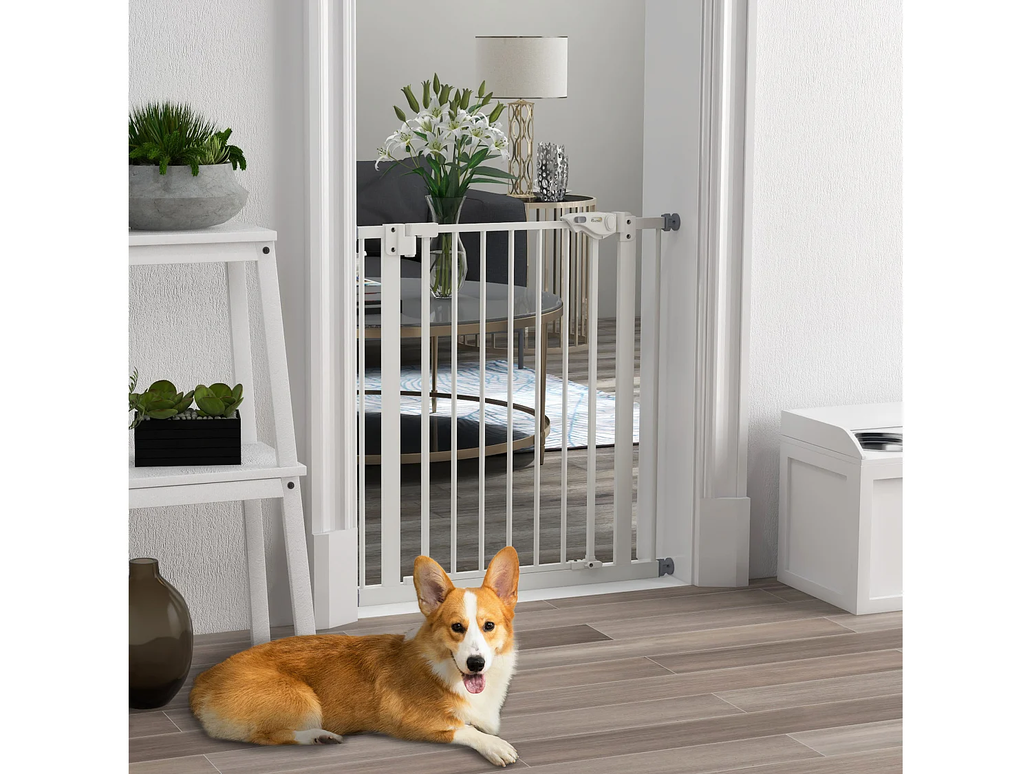 Beschermrooster voor honden en katten, verstelbare barrière zonder boren, metaal en kunststof, wit (80x2x77 cm)