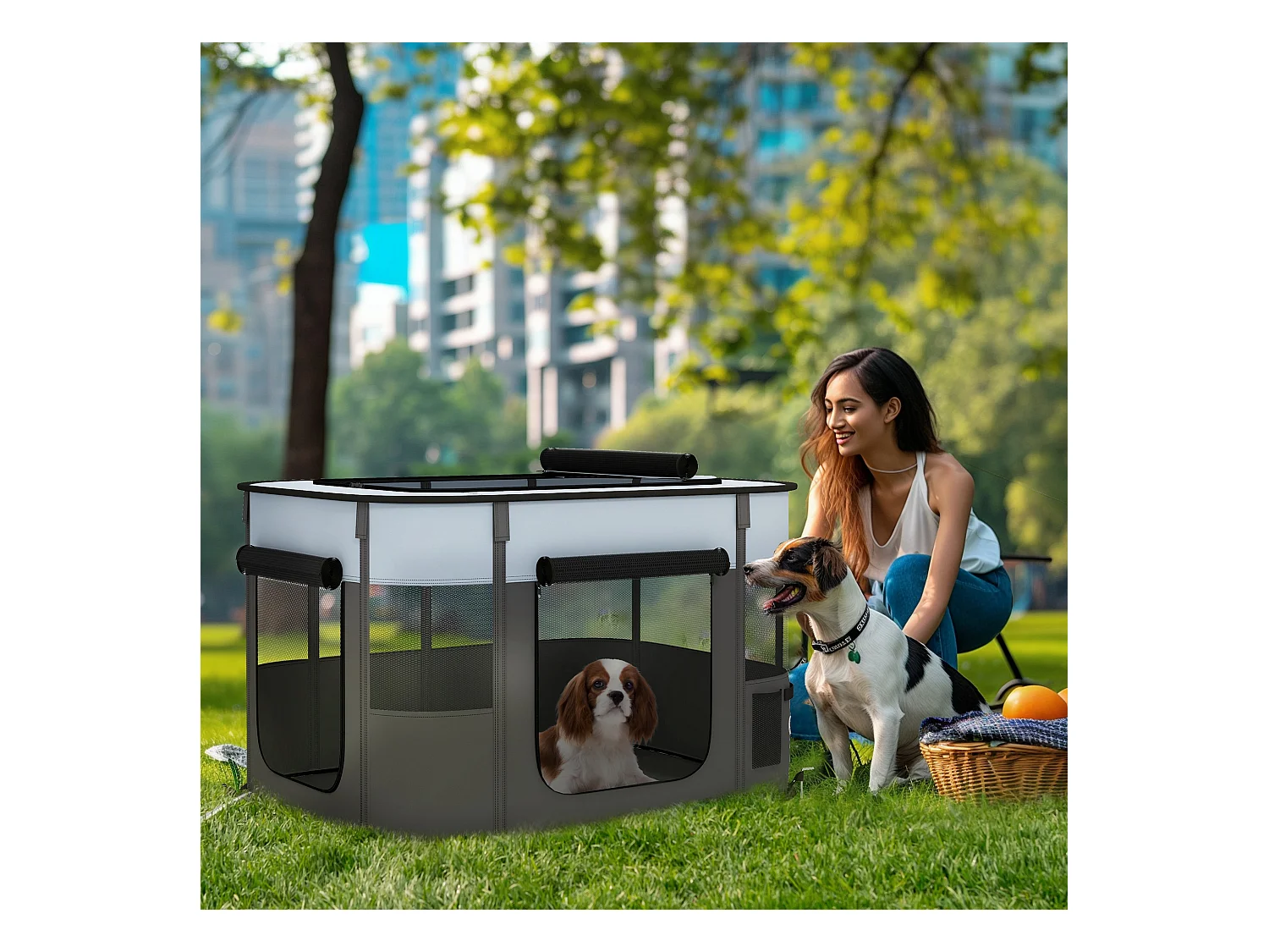 Enclos pour chiots et petits animaux, pliable avec portes et fenêtres, polyester respirant, gris (94x74x60cm)