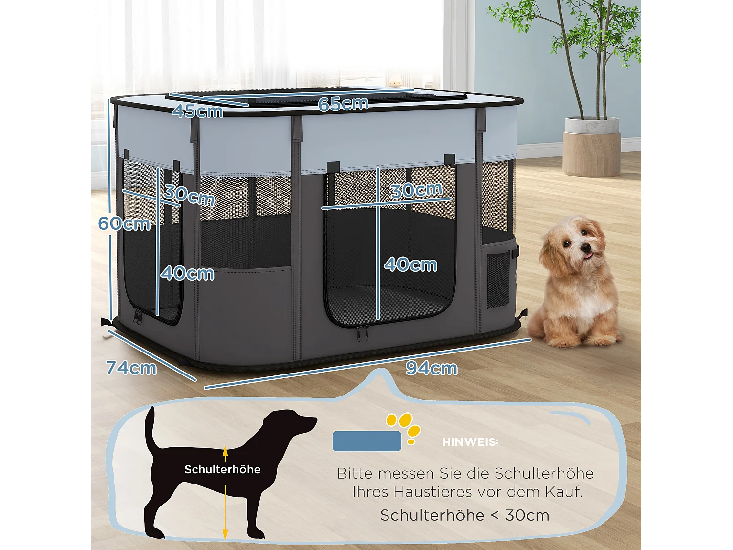 Enclos pour chiots et petits animaux, pliable avec portes et fenêtres, polyester respirant, gris (94x74x60cm)