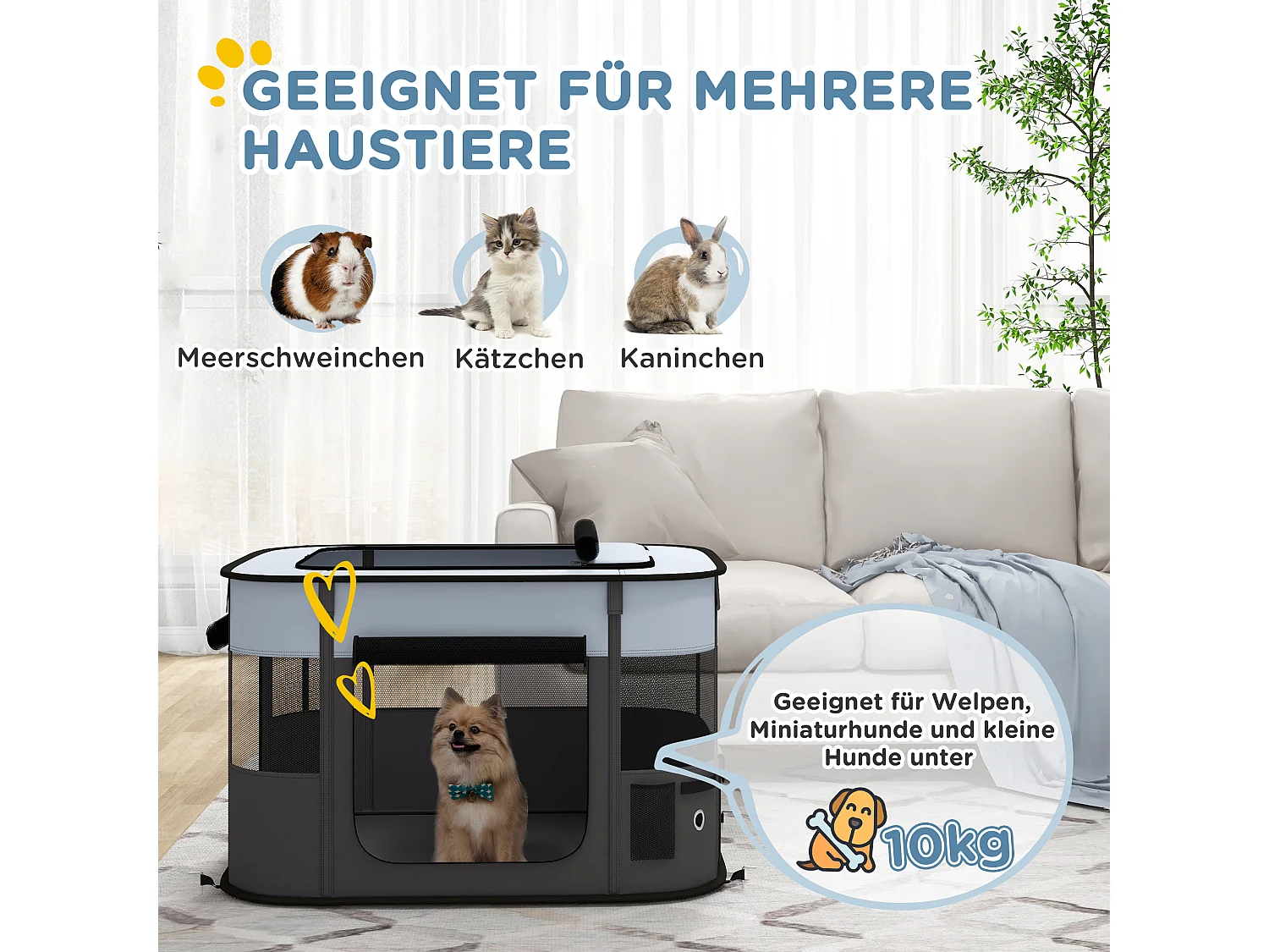 Enclos pour chiots et petits animaux, pliable avec portes et fenêtres, polyester respirant, gris (94x74x60cm)