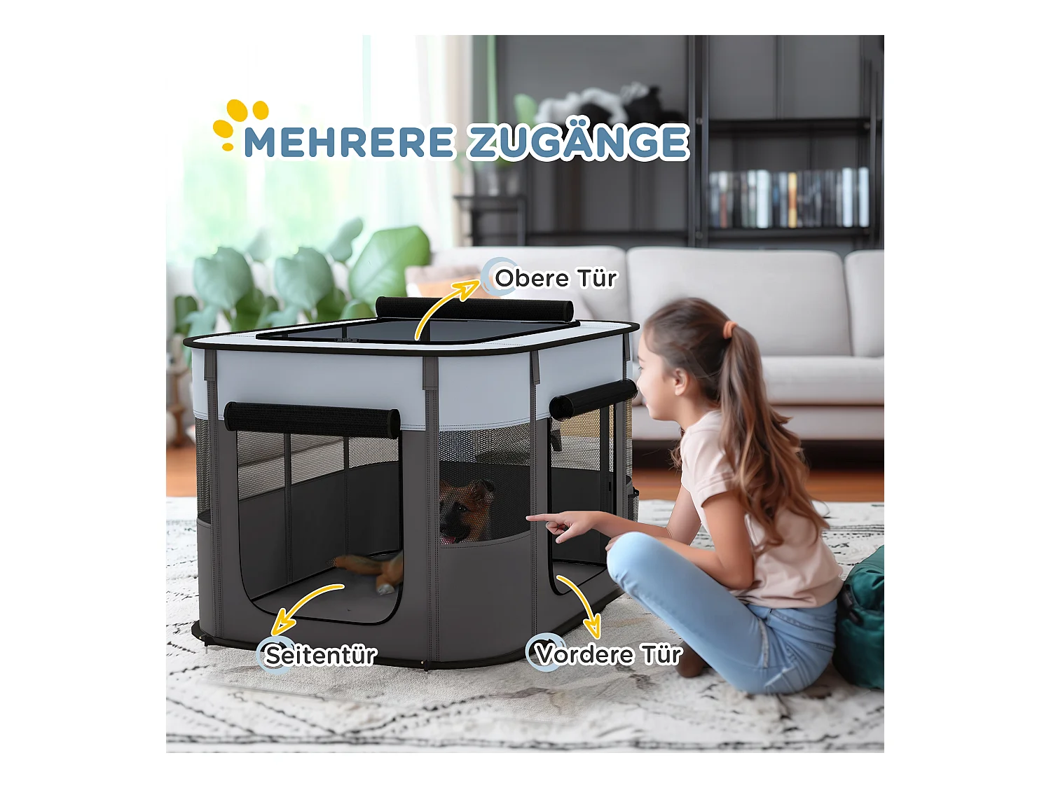 Enclos pour chiots et petits animaux, pliable avec portes et fenêtres, polyester respirant, gris (94x74x60cm)