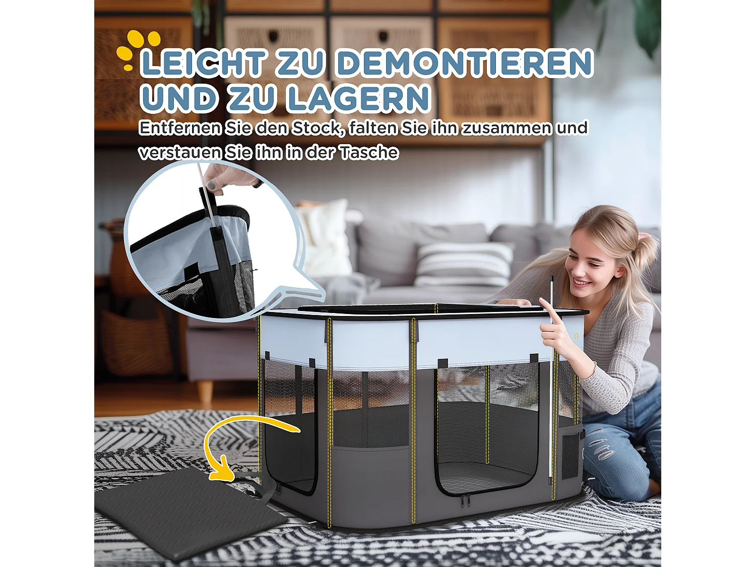 Enclos pour chiots et petits animaux, pliable avec portes et fenêtres, polyester respirant, gris (94x74x60cm)