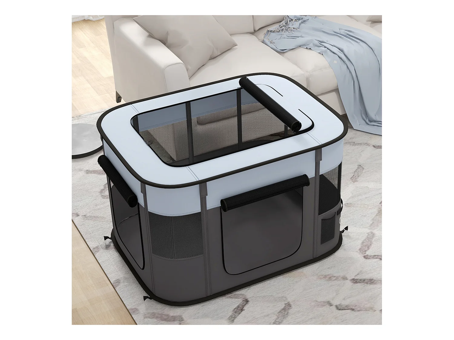 Enclos pour chiots et petits animaux, pliable avec portes et fenêtres, polyester respirant, gris (94x74x60cm)