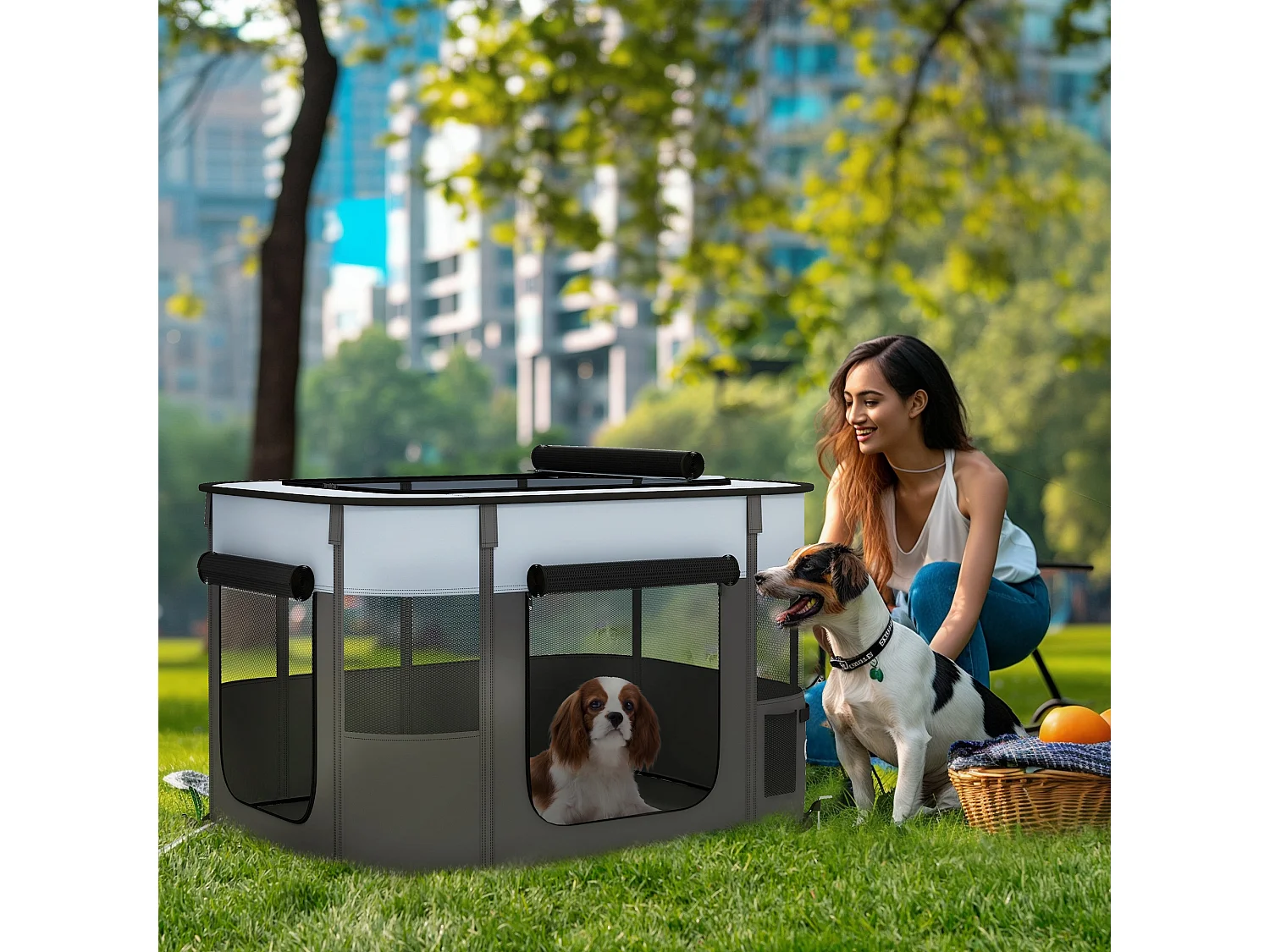 Enclos pour chiots et petits animaux, pliable avec portes et fenêtres, polyester respirant, gris (94x74x60cm)