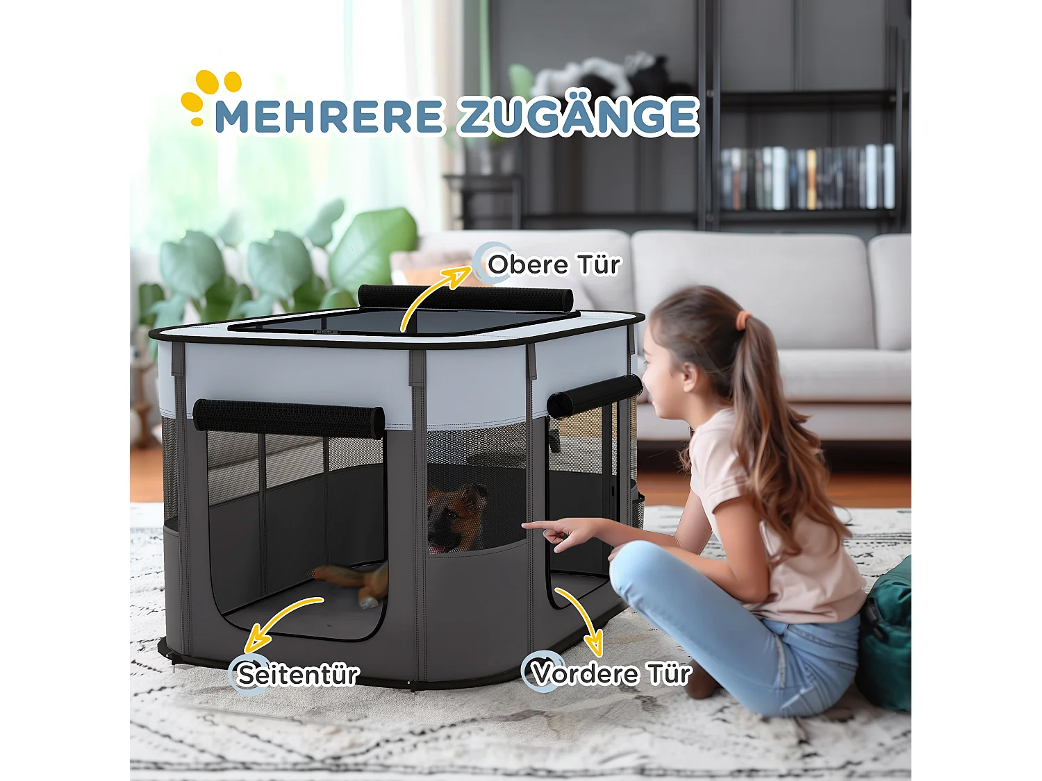 Enclos pour chiots et petits animaux, pliable avec portes et fenêtres, polyester respirant, gris (94x74x60cm)