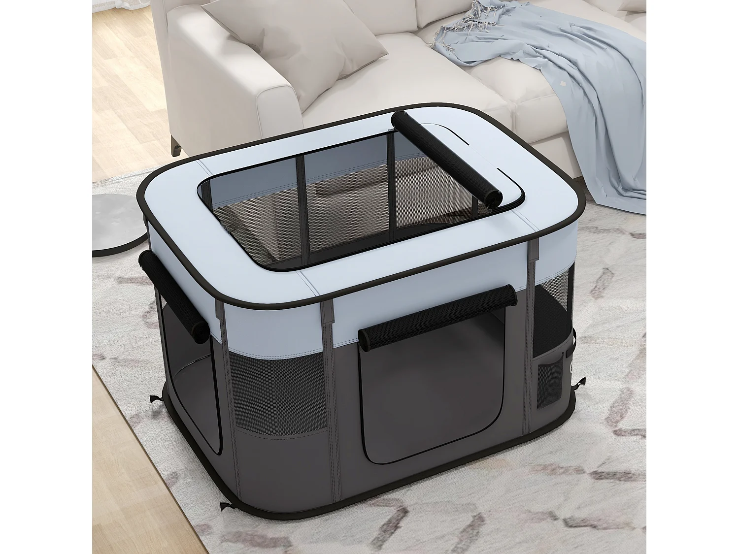 Enclos pour chiots et petits animaux, pliable avec portes et fenêtres, polyester respirant, gris (94x74x60cm)