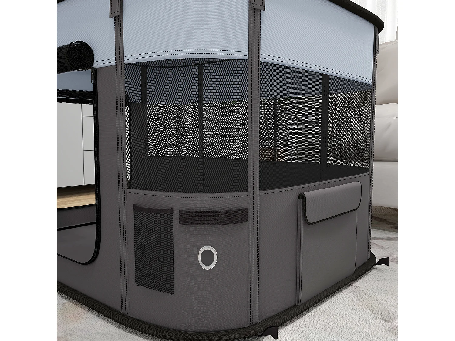 Enclos pour chiots et petits animaux, pliable avec portes et fenêtres, polyester respirant, gris (94x74x60cm)