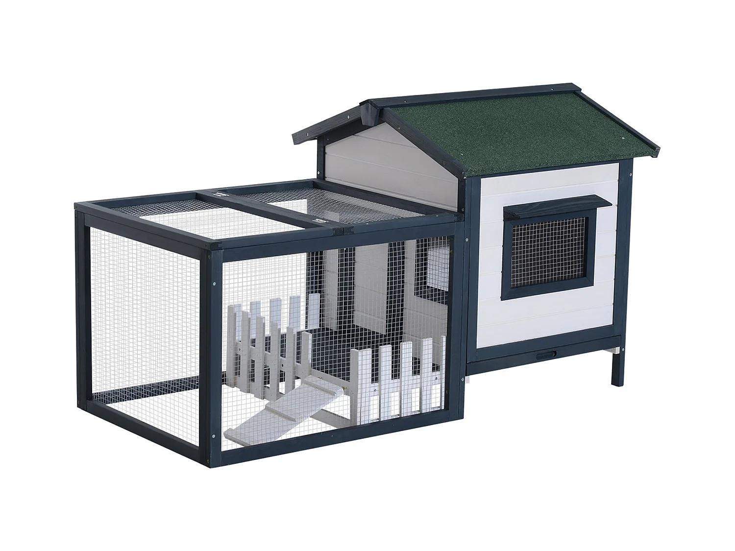 Enclos pour lapins avec parc extérieur et rampe, design spacieux, bois, vert et blanc (151x78x84.5cm)