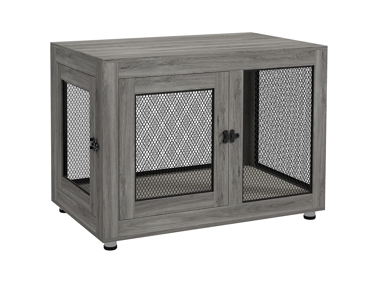 Cage pour chien à 2 portes, design robuste et confortable, contreplaqué, gris, avec coussin lavable et pieds réglables (94x60x71.5cm)