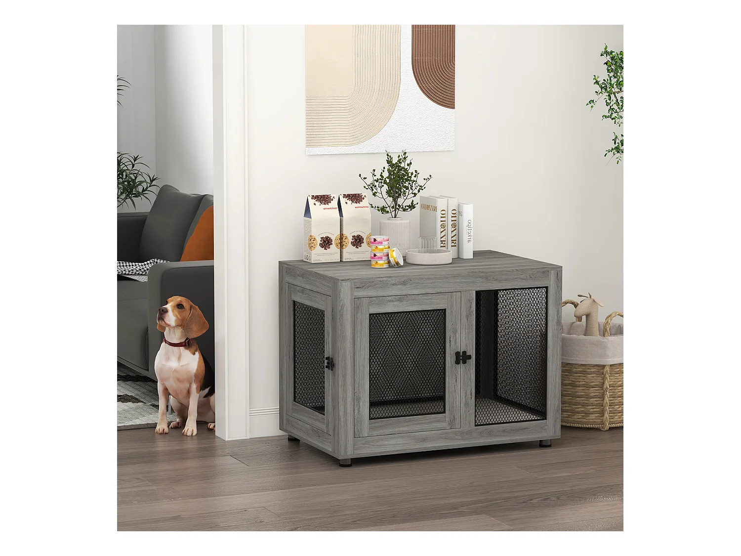 Cage pour chien à 2 portes, design robuste et confortable, contreplaqué, gris, avec coussin lavable et pieds réglables (94x60x71.5cm)