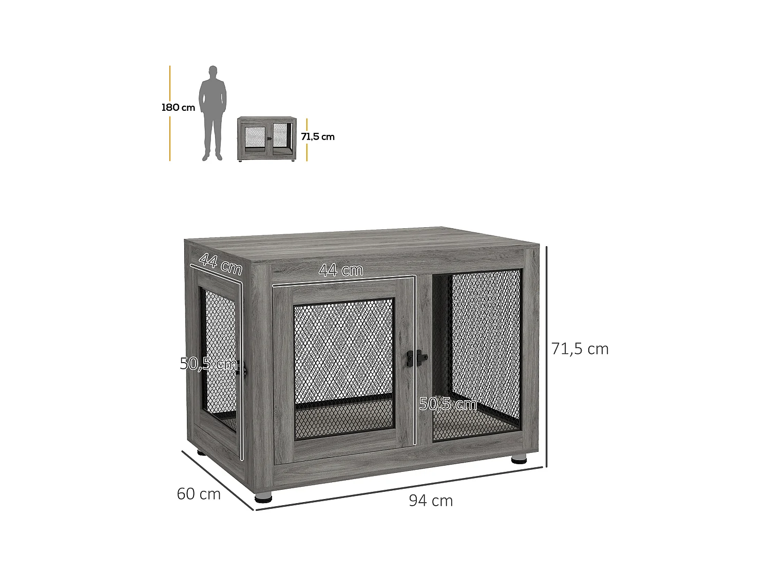 Cage pour chien à 2 portes, design robuste et confortable, contreplaqué, gris, avec coussin lavable et pieds réglables (94x60x71.5cm)