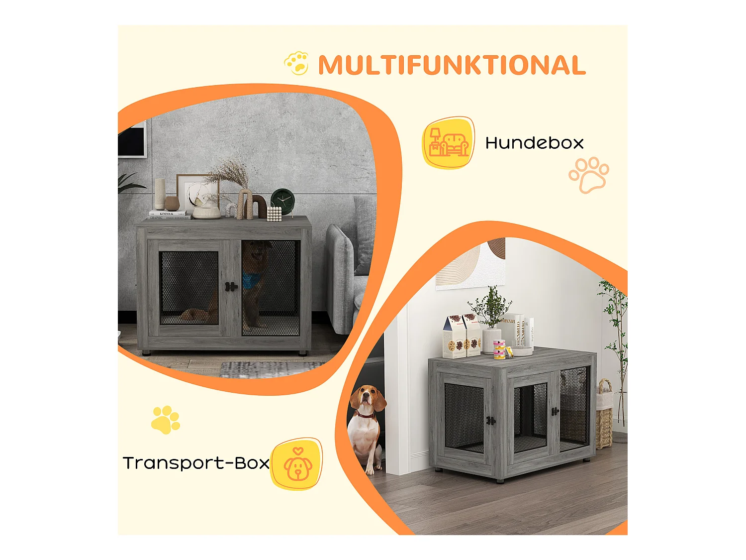 Cage pour chien à 2 portes, design robuste et confortable, contreplaqué, gris, avec coussin lavable et pieds réglables (94x60x71.5cm)