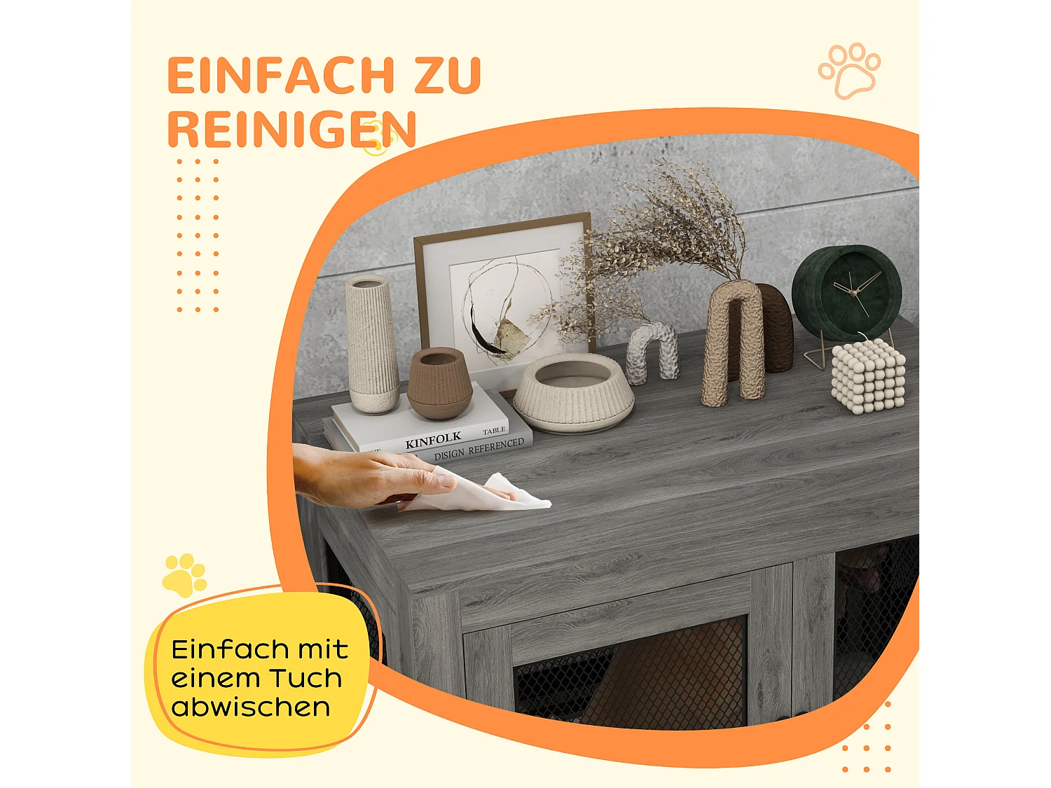 Cage pour chien à 2 portes, design robuste et confortable, contreplaqué, gris, avec coussin lavable et pieds réglables (94x60x71.5cm)