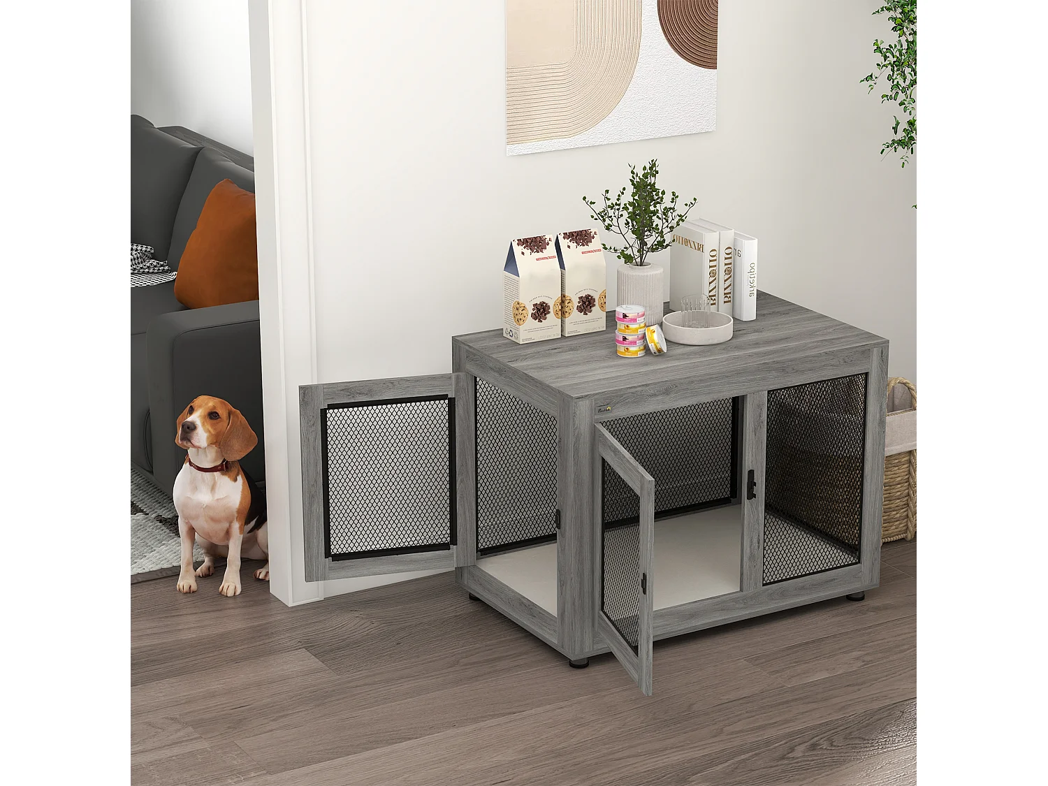 Cage pour chien à 2 portes, design robuste et confortable, contreplaqué, gris, avec coussin lavable et pieds réglables (94x60x71.5cm)
